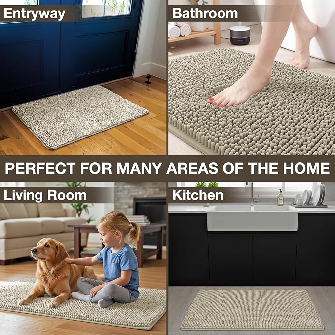 Neater Home Plush Bathroom Rugs 30x20 Thick Chenille Quick Dry Microfiber Absorbent Bath Mat, Soft Bath Rugs, Machine Washable Bathroom Floor Mat for Tub Shower Sink, Home Decor Accessories, Tan