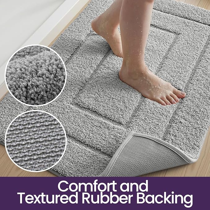 DEXI Bathroom Rugs 36x24, Non-Slip and Absorbent Bath Mat, Light Grey | Machine Washable, Soft Plush Microfiber Bathmat with Rubber Back, Quick Dry Rug for Shower, Tub, Sink