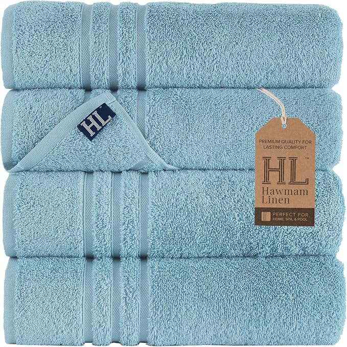 Hawmam Linen Light Blue Bath Towels 4 Pack Soft and Absorbent, Premium Quality Perfect for Daily Use 100% Cotton Towel 600 GSM