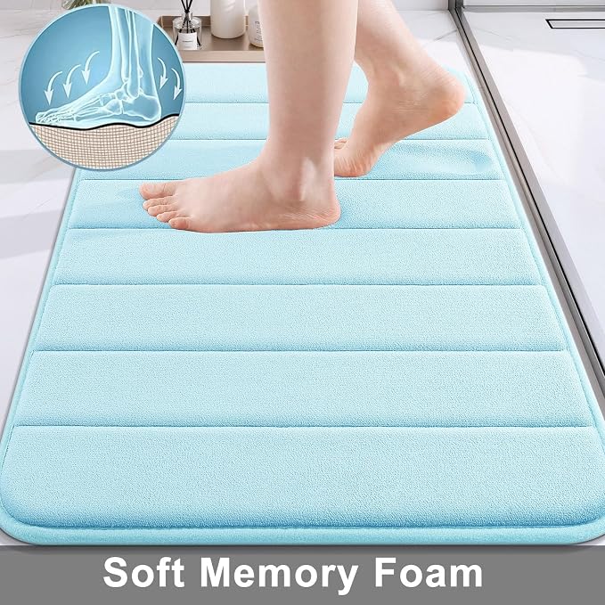 Buganda Memory Foam Bath Mat 44 x 24, Ultra Soft Absorbent Bathroom Rugs | Light Blue, Machine Washable Quick Dry Bath Mats for Bathroom Floor, Shower and Tub, Home Decor Accessories