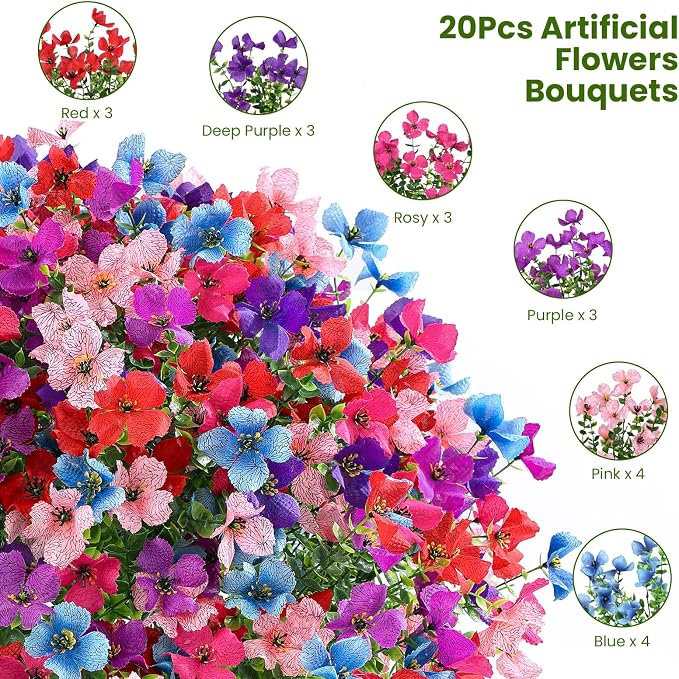 SHareconn 20 Bundles Artificial Flowers UV Resistant Outdoor Decor | Realistic Silk Flowers, Spring Fake Plants Greenery, For Patio Porch Planter Yard Home Spring Decor, 6 Colors