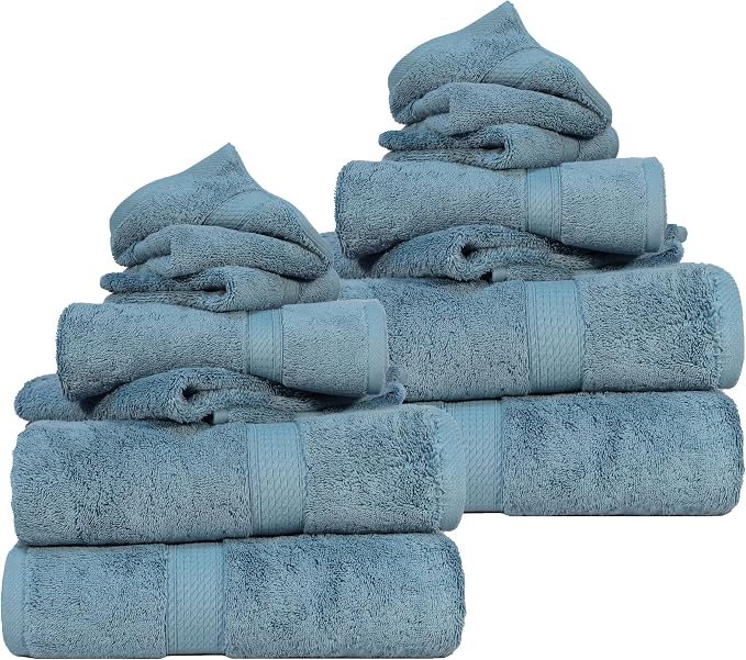 SUPERIOR Egyptian Cotton Ultra Plush & Absorbent, 12 Piece Set, Denim Blue | Heavyweight 12 Pc Egyptian Cotton Towel Set Includes 4 Bath Towels 4 Hand Towels 4 Washcloths Decorative Rope Border