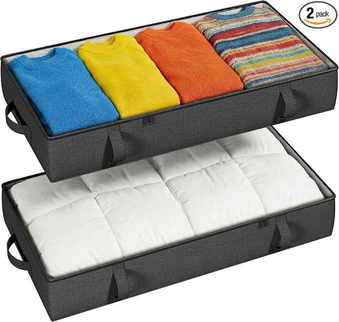 2-Pack Under Bed Storage Containers, 6 Inches Tall Clothes Storage, Black | High Side Collapsible Underbed Organizer Bin with Sturdy Sidewalls/Bottom, Cotton Linen Bins, For Seasonal Clothes & Bedding