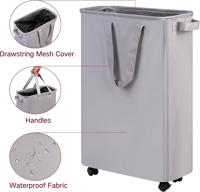 efluky Slim Laundry Hamper with Wheels, Rolling Laundry Basket for Clothes, Small Laundry Basket for Bedroom, Dorm and Laundry Room, 60L (12.7 Gallons) Grey