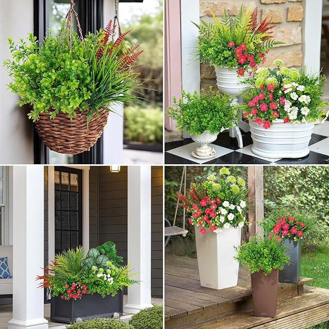 20 Pcs Artificial Plants Outdoor Fake Greenery Stems Plants | UV resistant, realistic boston fern, faux shrubs, plastic plants, indoor outdoor garden porch planter window box home decor