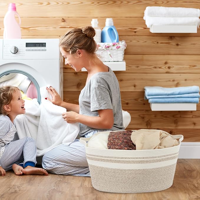 XUANGUO Large Woven Cotton Rope Blanket Basket 22"x17"x12" White Brown | Storage basket for nursery and living room; toy basket for kids or laundry basket for clothes and towels.