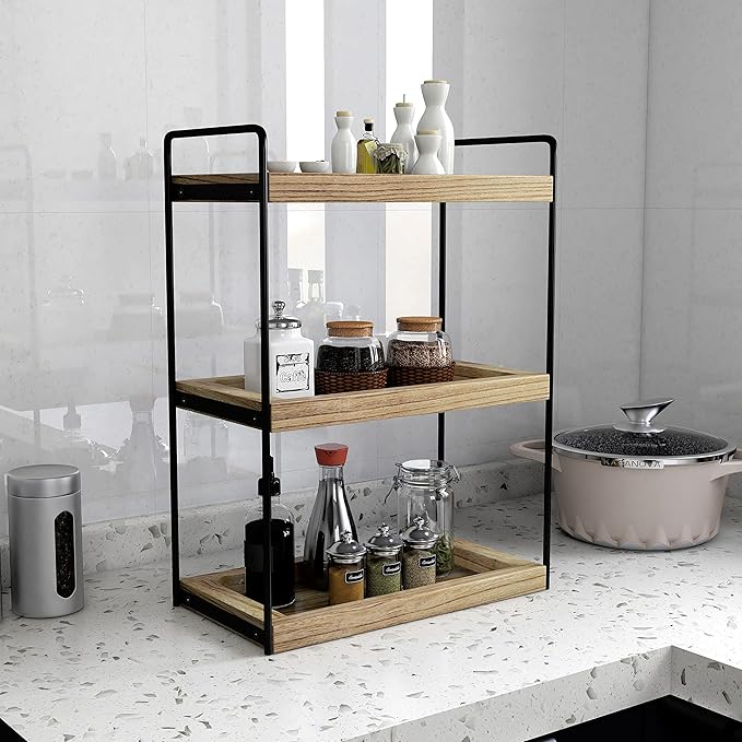 Dorhors Bathroom Counter Organizer,Countertop Tray Storage Shelf | 3 Tier Rustic Brown Wood Vanity Organizer for Skincare,Perfume,Makeup,Counter Tray for Bathroom,Kitche,Dresser