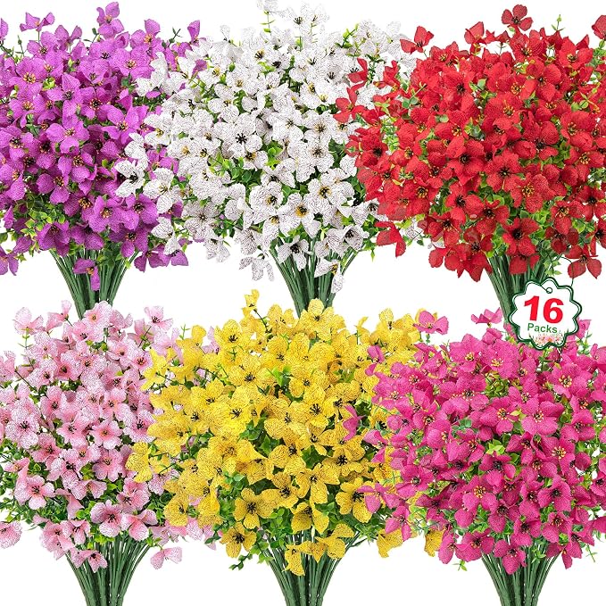 16 Pcs Multicolor Artificial Flowers for Outdoors Decorations | Realistic, silk flowers, faux plastic plants, UV resistant, for summer garden porch window vase indoor outdoor home decor
