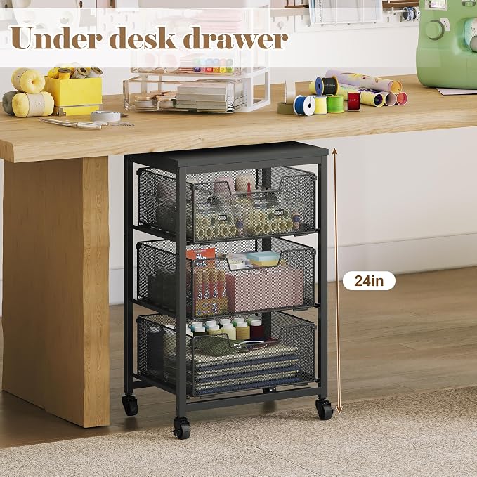 Under Desk Storage Cart with Lockable Wheels, 3-Drawer Rolling Storage Cart, Metal Utility Cart with Drawers for Art Cart, Craft Cart, Classroom, Office, Kitchen, Bedroom