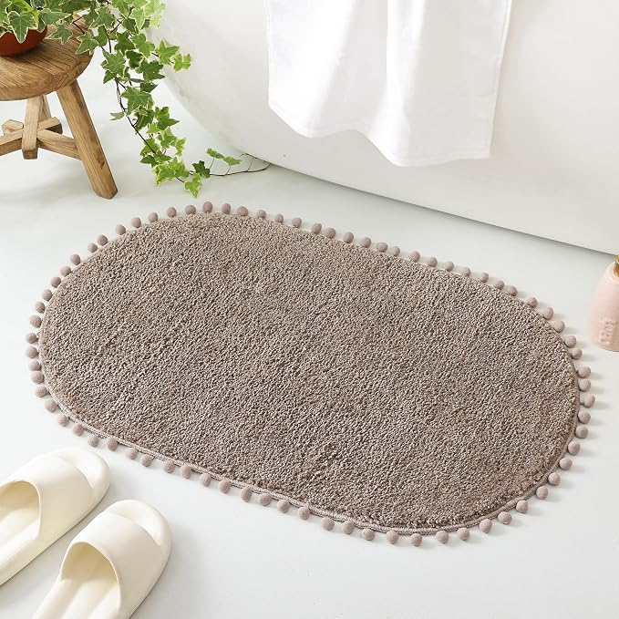 YIRDDEO Oval Rug for Bathroom, Cute Boho Bath Mat with Pom, Oatmeal | Soft Plush, Absorbent, Quick Dry, Machine Washable, Non Slip Bath Mat for Bathroom Shower Floor Home Decor