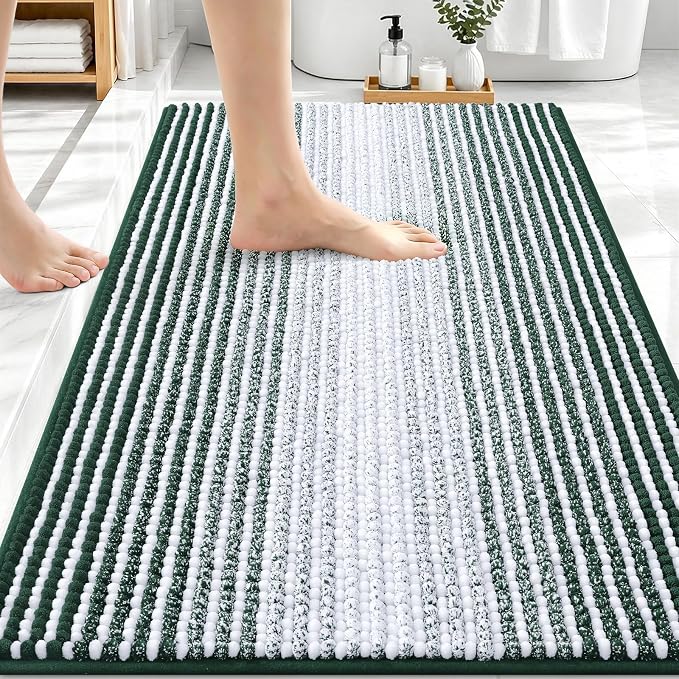 OLANLY Bathroom Rugs 30x20, Soft Chenille Striped Bath Rugs, Blackish Green | Extra Absorbent, Rubber Backing, Machine Wash Dry, Bath Mats for Bathroom Floor, Tub and Shower, Home Decor Accessories