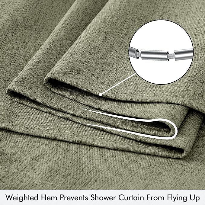 ANRODUO Olive Green Extra Long Linen Fabric Shower Curtain Set - W72xL96 | Farmhouse Shower Curtain with 12 Metal Hooks, Waterproof Heavy Duty, Button Hole Design, Machine Washable for Bathroom