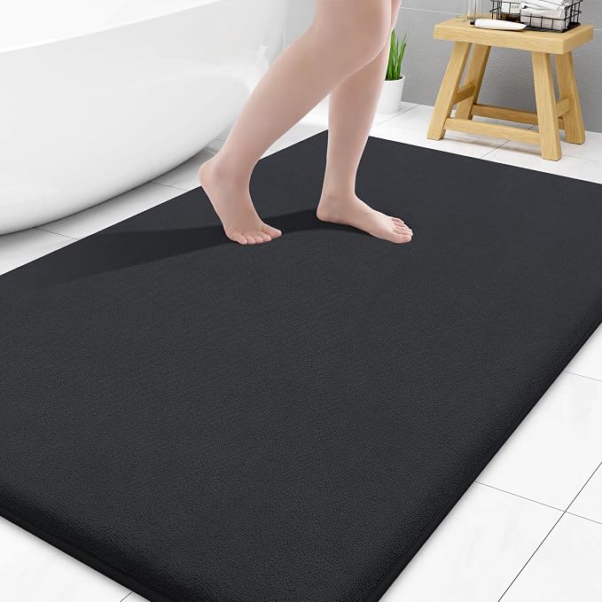 Smiry Memory Foam Bath Mat 50x30, Extra Soft and Absorbent Bathroom Rugs | Black, Quick Dry Machine Washable Non-Slip Bath Mat for Bathroom Floor, Shower and Tub