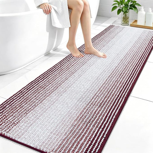OLANLY Bathroom Runner Rugs 70x24, Chenille Striped Bath Rugs, Burgundy | Extra Soft Absorbent, Rubber Backing, Machine Wash Dry, Bath Mats for Bathroom Floor, Tub and Shower, Home Decor Accessories