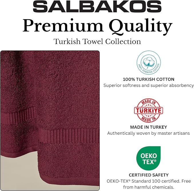 SALBAKOS 2-Piece 100% Turkish Cotton Bath Mat Towel, 20x34 inch, Wine | Bathroom Floor Towels, Thick Soft Most Absorbent Quick-Dry Durable Large Size Foot Rug, Premium Hotel Quality Made in Turkey