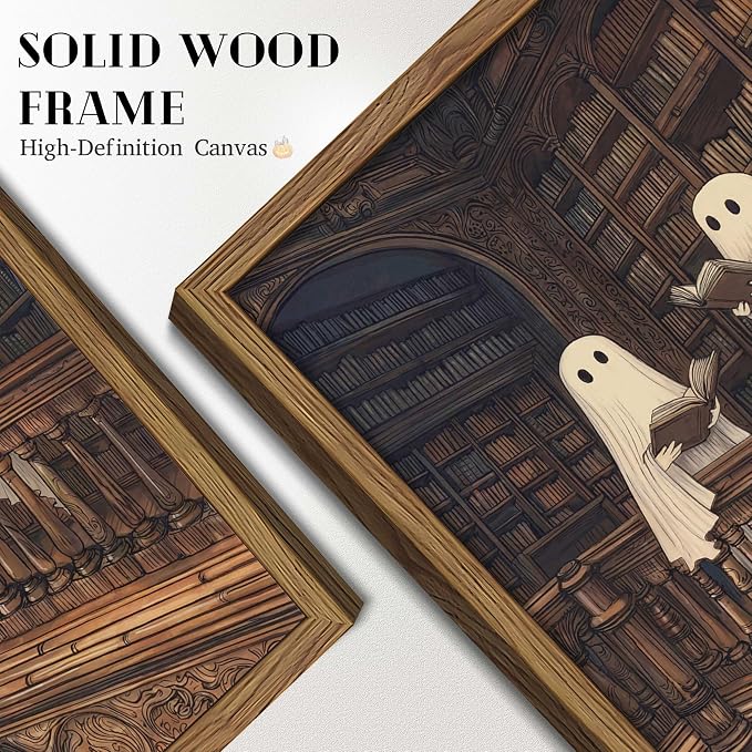 Framed Halloween Ghost Wall Art, Vintage Cute Ghost Reading Canvas Wall Decor Paintings, Dark Academia Book Artwork Poster Print Picture for Library Bedroom Living Room 12x16 Inch