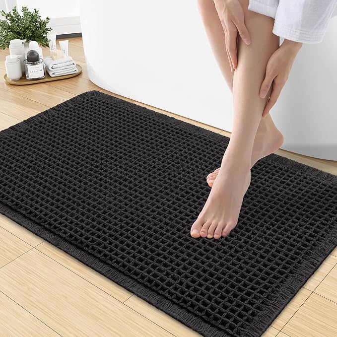 Smiry Waffle Bath Mat 30X18, Extra Soft Absorbent Bathroom Rugs, Black | Non Slip Machine Washable Quick Dry Bath Rugs for Bathroom Floor, Tub, Shower, Home Decor Accessories