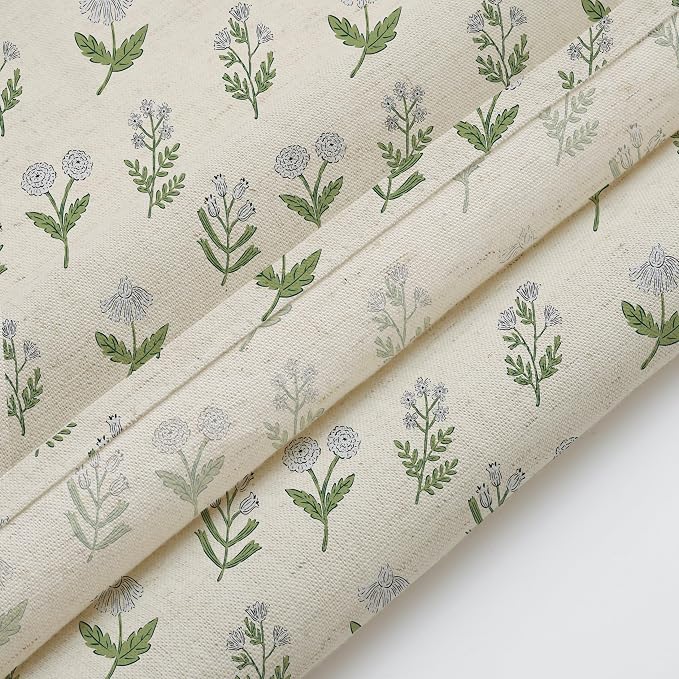 MUGINYU Linen Textured Ruffle Shower Curtain - Vintage Floral Block Print in Beige and Green, Boho Cottagecore Farmhouse French Country Bathroom Decor Set, 72x72 Inches