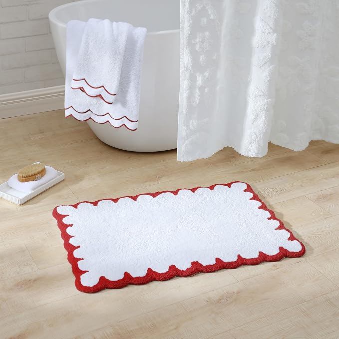 Peri Home Scalloped Bath Rug 20" x 30" White with Chili Red 1-Piece | Soft & Absorbent, Cotton Tufted, Mat, Scallop
