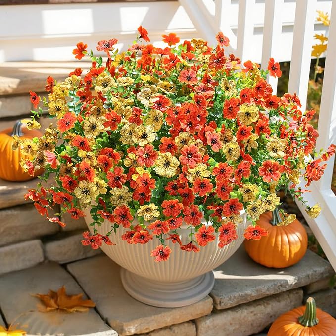 Artificial Fall Flowers Faux Mums for Outdoor Indoor Garden Home Decoration, Faux Flower Daisy with Eucalyptus Leaves Fake Mums Plants Greenery Boxwood Porch Patio, 12 Bundles (OrangeYellow)