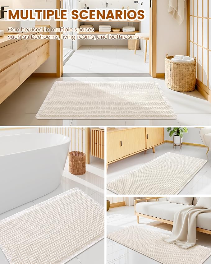 Smiry Waffle Bath Mat 60X24, Extra Soft Absorbent Bathroom Rugs, Cream | Non Slip Machine Washable Quick Dry Bath Rugs for Bathroom Floor, Tub, Shower, Home Decor Accessories