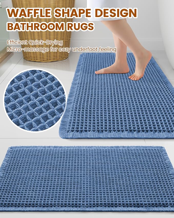 Smiry Waffle Bath Mat 30X20, Extra Soft Absorbent Bathroom Rugs, Blue | Non Slip Machine Washable Quick Dry Bath Rugs for Bathroom Floor, Tub, Shower, Home Decor Accessories