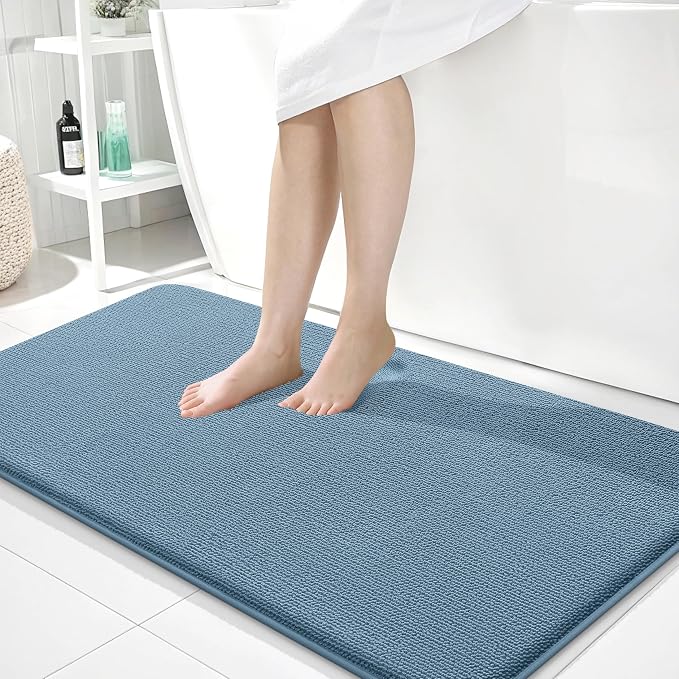 OLANLY Memory Foam Bathroom Runner Rug 45x27, Absorbent Long Mat, Airy Blue | Soft Quick Dry Bath Rugs, Non-Slip Carpet, Machine Washable Mat for Bathroom Floor, Tub and Shower, Home Decor Accessories
