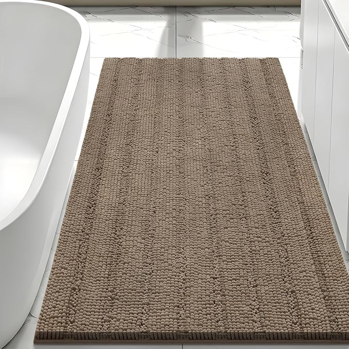 Bcoimo Bath Rug Mat,48x30 High Absorbent Latte Long Bathroom Runner Rugs | No Slip with Rubber Back Chenille Bathroom Mats For Floor,Tub,Shower; Extra Soft, Quick Dry Microfiber mats; Machine Washable