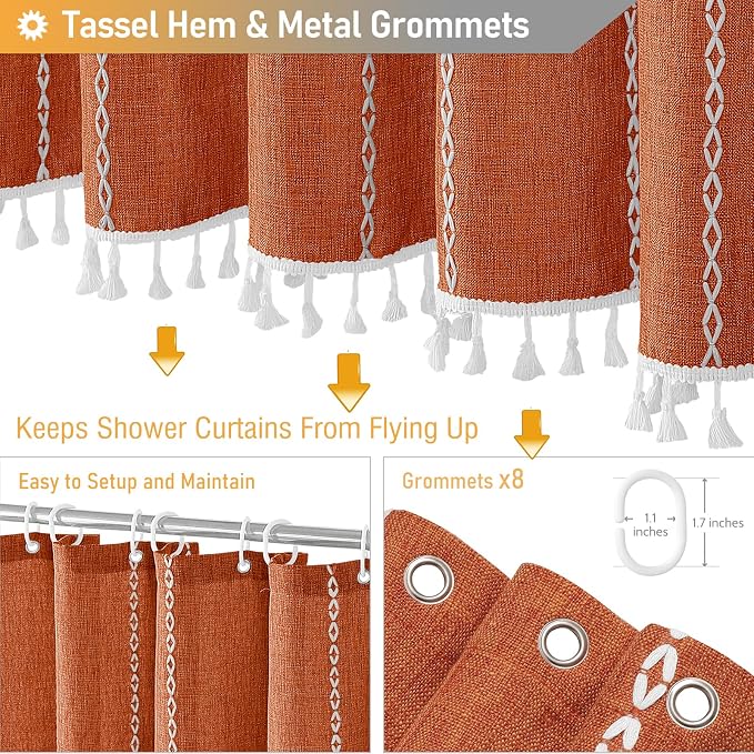 48 x 72 Boho Linen Heavy Duty Cloth Shower Curtain Set, Burnt Orange | Stall Size, 330GSM Linen Blend, Water Repellent, Vintage Striped Fabric, 8 Plastic Hooks, Rustic Country, Machine Washable