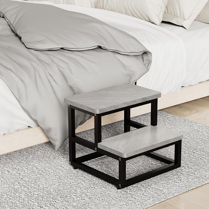 SZLHANJZ Step Stool, Wood & Metal Step Stools for Adults Kids, 500 LB Load | Heavy Duty Step Stool for Kids Adults, Non-Slip 2 Steps Foot Stool for High Beds and Kitchen, Round Corner, Cement Gray