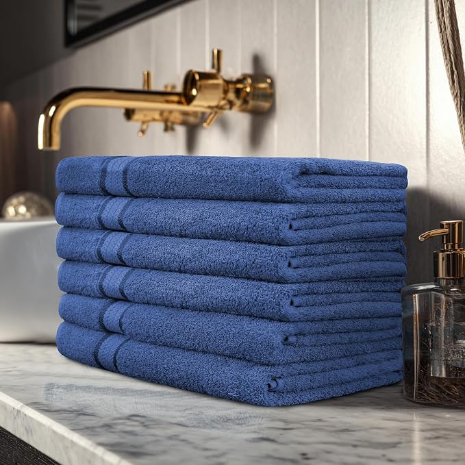 COTTON CRAFT Ultra Soft Hand Towels - 6 Pack 100% Ringspun Cotton Towel Set | Large 16x28 inch Blue Hand Towels with a Luxurious Rayon Border - Plush Absorbent 580 GSM Easy Care - Ideal for Everyday use