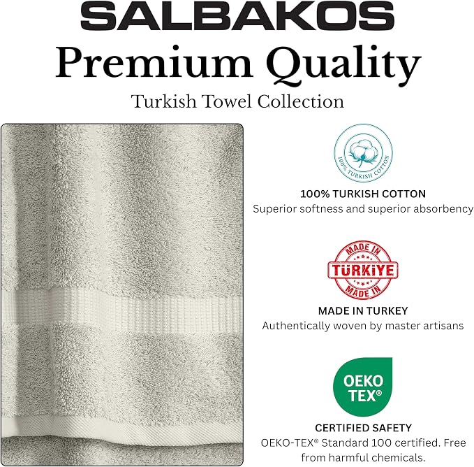 SALBAKOS 100% Turkish Cotton Bathroom Towel Set of 6-Piece, Stone | 630 Gsm Thick Super Soft Highly Absorbent 2 Bath + 2 Hand + 2 Washcloth Towels Sets, Giftable, Hotel Quality, Made in Turkey