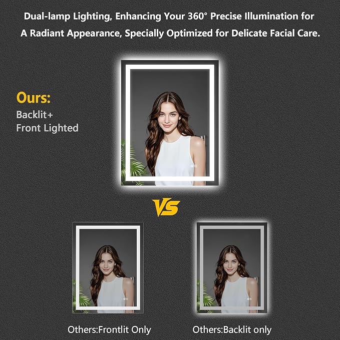 LED Bathroom Mirror 28"x36" Inch Lighted Bathroom Vanity Mirror with Lights, Brighter Frontlit and Backlit Light up Anti Fog Mirror, Tempered Glass, 3-Color Dimmable, Memory Function