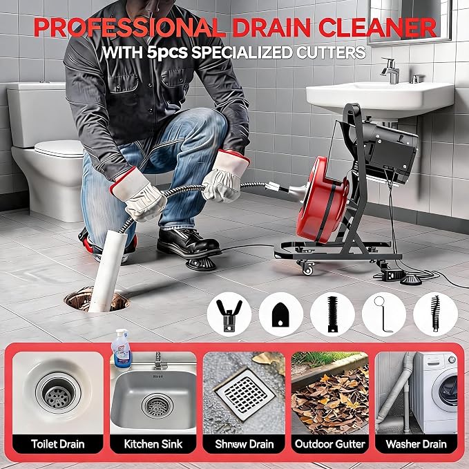 50FTx1/2 Inch Drain Cleaner Machine with Wheels, Sewer Snake Drain | Plumbing Snake Auger Cleaner for 2" to 4" Pipes with 6 Cutter & Foot Switch for Sewer, Sink, Toilet, Bathroom