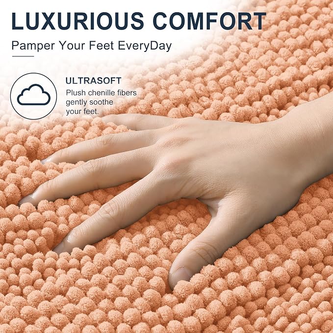 Smiry Thick Chenille Bathroom Runner Rugs 44x24, Absorbent Bath Mat, Peach | Quick‑Dry & Machine Washable, Non‑Slip Bath Carpet, Soft Striped Bath Rugs for Tub & Shower, Modern Home Decor Accessories