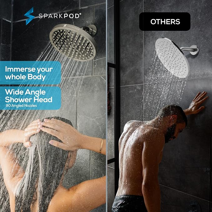 SparkPod Rain Shower Head, 8 Inch Round, Elegant Brushed Nickel Finish | High Pressure Shower Heads, 90 Nozzles, Adjustable Showerhead, No Tools Needed, Universal Connection