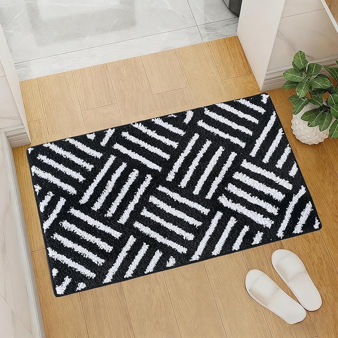 ORTIGIA Striped Black Bathroom Rugs Non Slip Washable, 20x30 Quick Dry Absorbent Soft Plush Microfiber Bath Mats, Bath Rugs for Bathroom Floor Carpet for Sink Bedroom