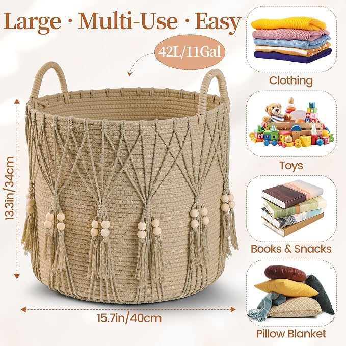 Blanket Basket for Living Room Decor Storage Basket for Toy Organizer Boho Decor Baskets for Modern Farmhouse Decor Small Laundry Basket for Bedroom and Laundry Room Organization,Natural