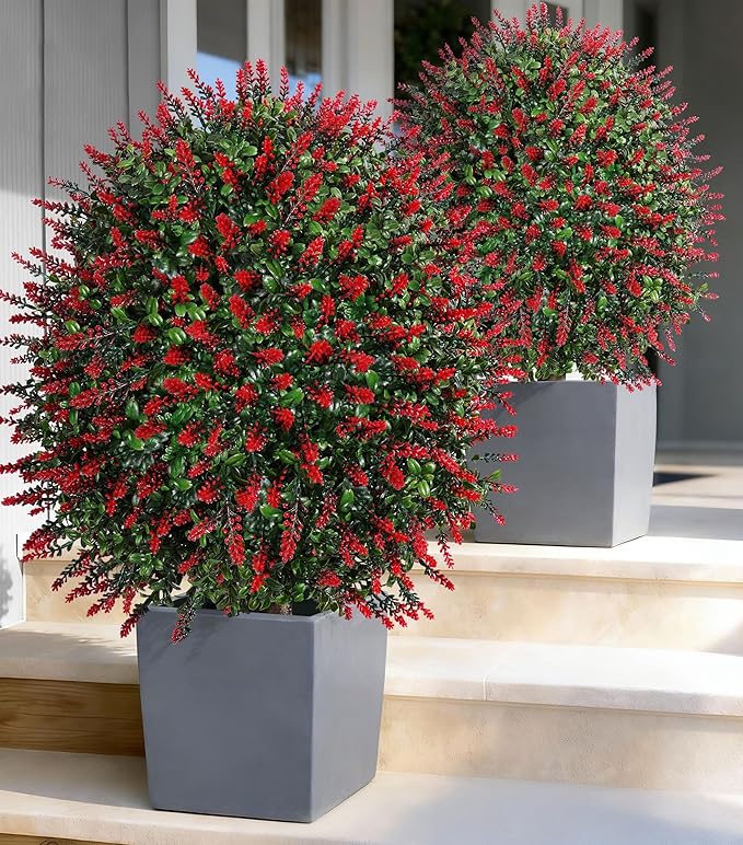 26'' Artificial Boxwood Topiary Trees with Lavender 2 Pack Fake Plants for Outdoor Indoor Artificial Shrubs with Metal Ground Spike UV Resistant Fake Bushes for Front Porch Garden, Red