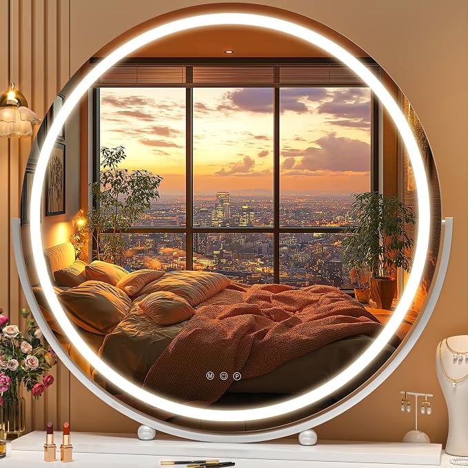 Hasipu Vanity Mirror with Lights, 27.6" LED Big Makeup Mirror, Lighted Makeup Mirror with Lights, Smart Touch Control 3 Colors Dimmable Round Mirror 360°Rotation White