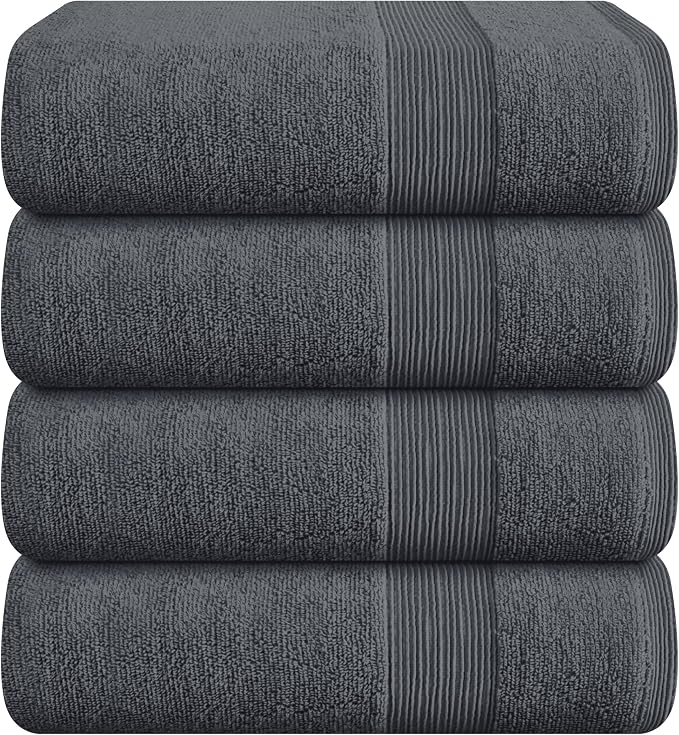 4 Pack Bath Towel Set 27x54, 100% Ring Spun Cotton, Ultra Soft Highly Absorbent Machine Washable Hotel Spa Quality Bath Towels for Bathroom, 4 Bath Towels - Grey