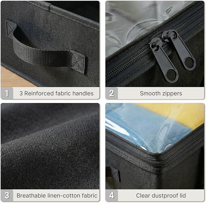 2-Pack Under Bed Storage Containers, 6 Inches Tall Clothes Storage, Black | High Side Collapsible Underbed Organizer Bin with Sturdy Sidewalls/Bottom, Cotton Linen Bins, For Seasonal Clothes & Bedding