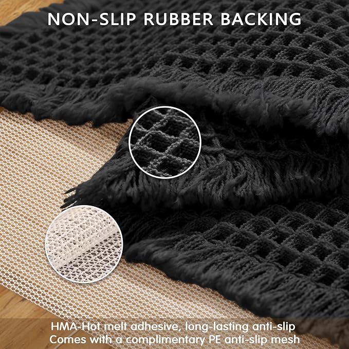 SUBRTEX Waffle Braided Bath Mat, 18" x 24" Soft Waffle Bath Rugs, Absorbent Non Slip Bathrooom Mats, Machine Washable Area Rug for Bathroom, Quick Dry, Black