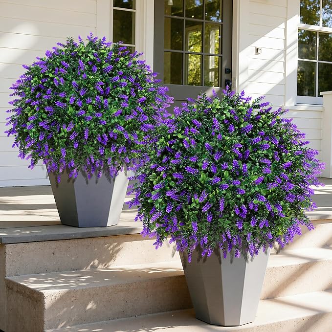 26'' Artificial Topiary Boxwood Ball Trees with Lavender 2 Pack Fake Plants for Outdoor Indoor Artificial Shrubs with Ground Spike UV Resistant Fake Bushes for Front Porch Garden (Purple)