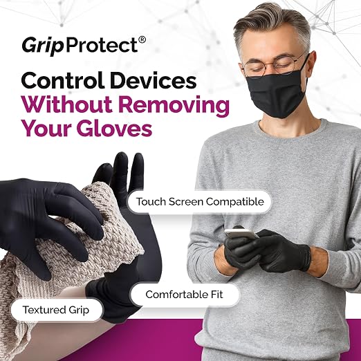 GripProtect Precise Black Nitrile Gloves 4 Mil, Chemical Resistant Gloves | Textured Grip for Mechanics, Tattoos, Food Prep & Cleaning – Medical Grade Disposable Gloves, Medium Bulk Case of 1000