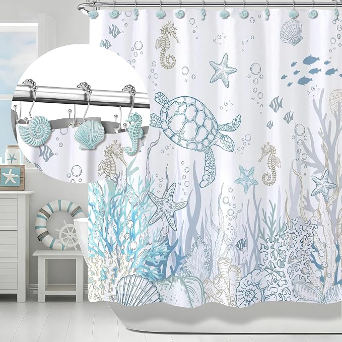 Sunlit Seashells Decorative Double Shower Curtain Hooks, Aqua Blue Ocean Creatures Coastal Shower Curtain Rings, Resin, Nautical Bathroom Decoration Beach Shower Curtain Hooks-12 Pack