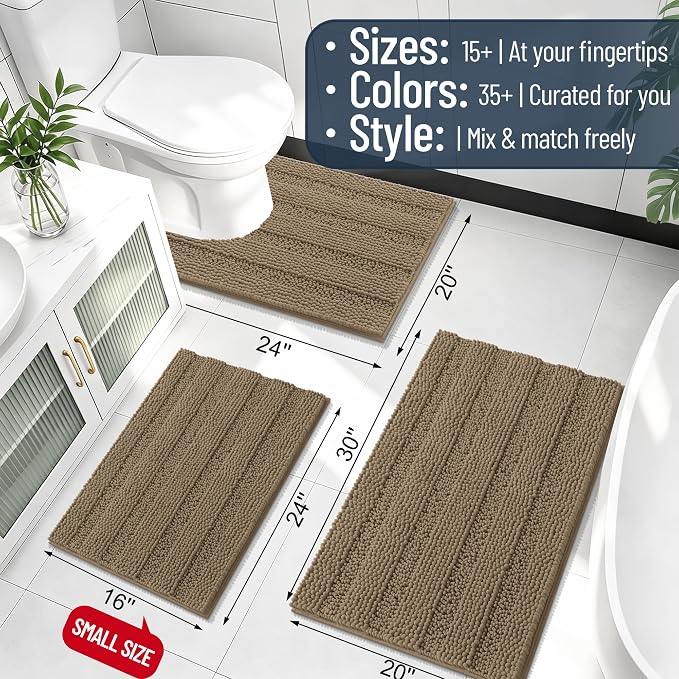 Smiry Thick Small Chenille Bathroom Rugs 24x16, Absorbent Bath Mat, Tan | Quick‑Dry & Machine Washable, Non‑Slip Bath Carpet, Soft Striped Bath Rugs for Tub & Shower, Modern Home Decor Accessories