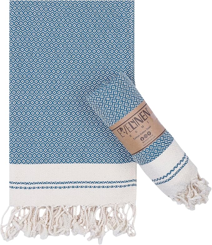 Evelynen Turkish Hand Towels for Bathroom & Kitchen Towels Decorative Set of 2 | Boho Farmhouse Hand Towels with Hanging Loops for Face, Dish, Kitchen & Bath |(16" x 32" - Teal)