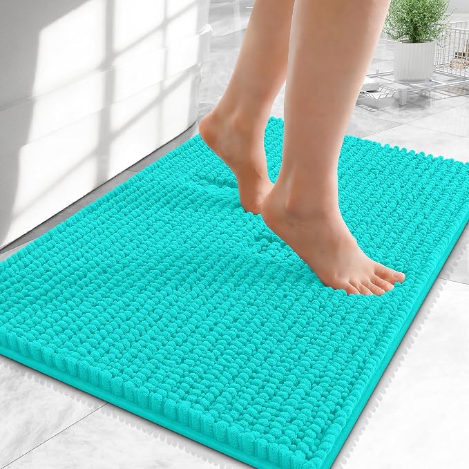 OLANLY Thick Chenille Small Bathroom Rugs 24x16, Absorbent Bath Mat, Teal | Soft Bath Rugs, Rubber Backing, Machine Wash Dry, Bath Mats for Bathroom, Tub and Shower, Home Decor Accessories