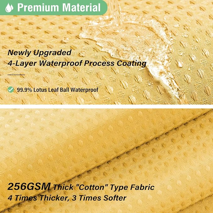 Extra Long Waffle Shower Curtain 256 GSM Fabric 72x96 Gold | 96 Inch Tall, Thick Polyester Cloth, Weighted Hem, Water Repellent & Washable, Hotel Shower Curtain Set for Bathroom 12 Hooks